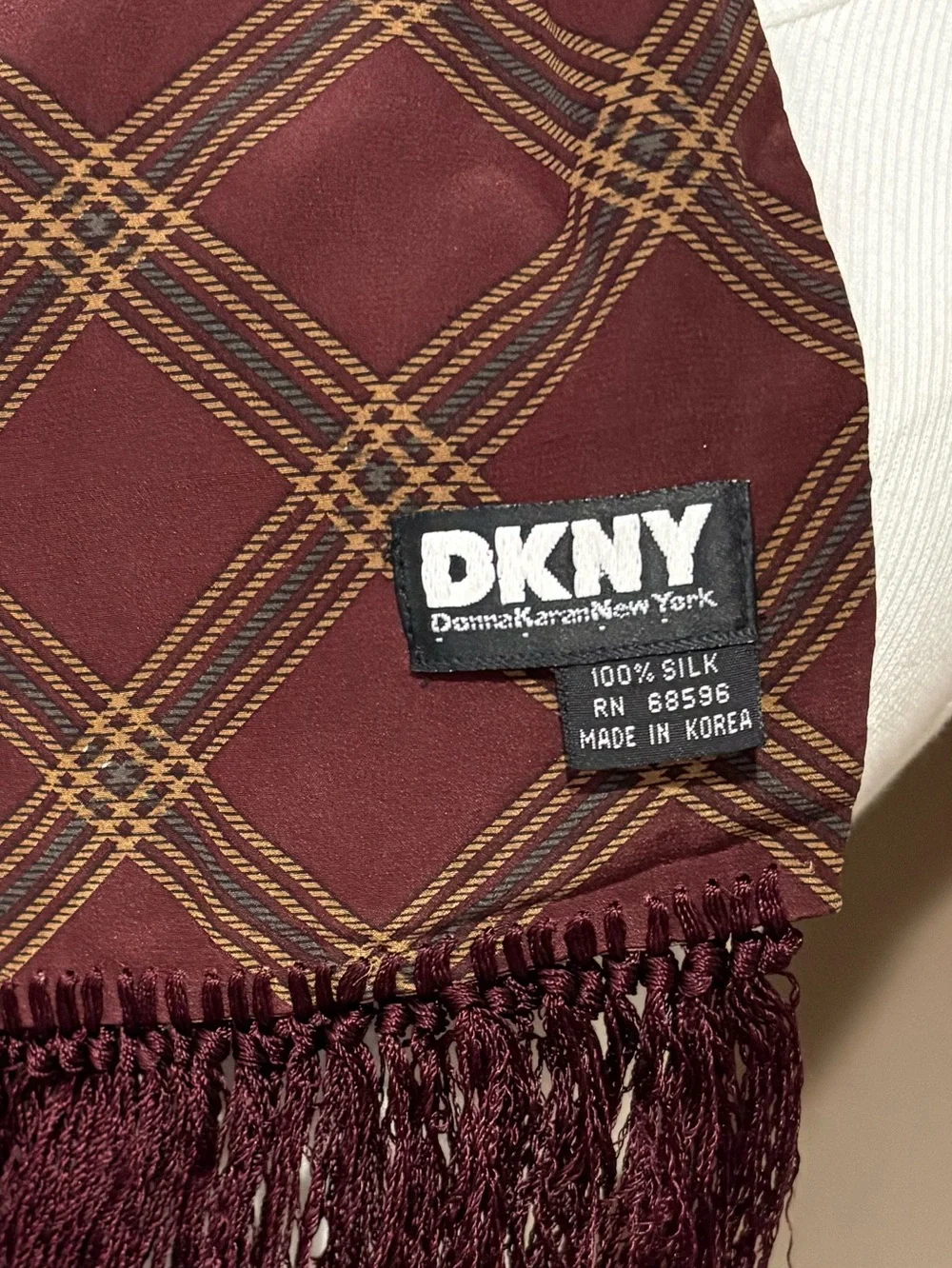 VTG DKNY Donna Karan New York 100% Silk Plaid Scarf Maroon Burgundy Fringe